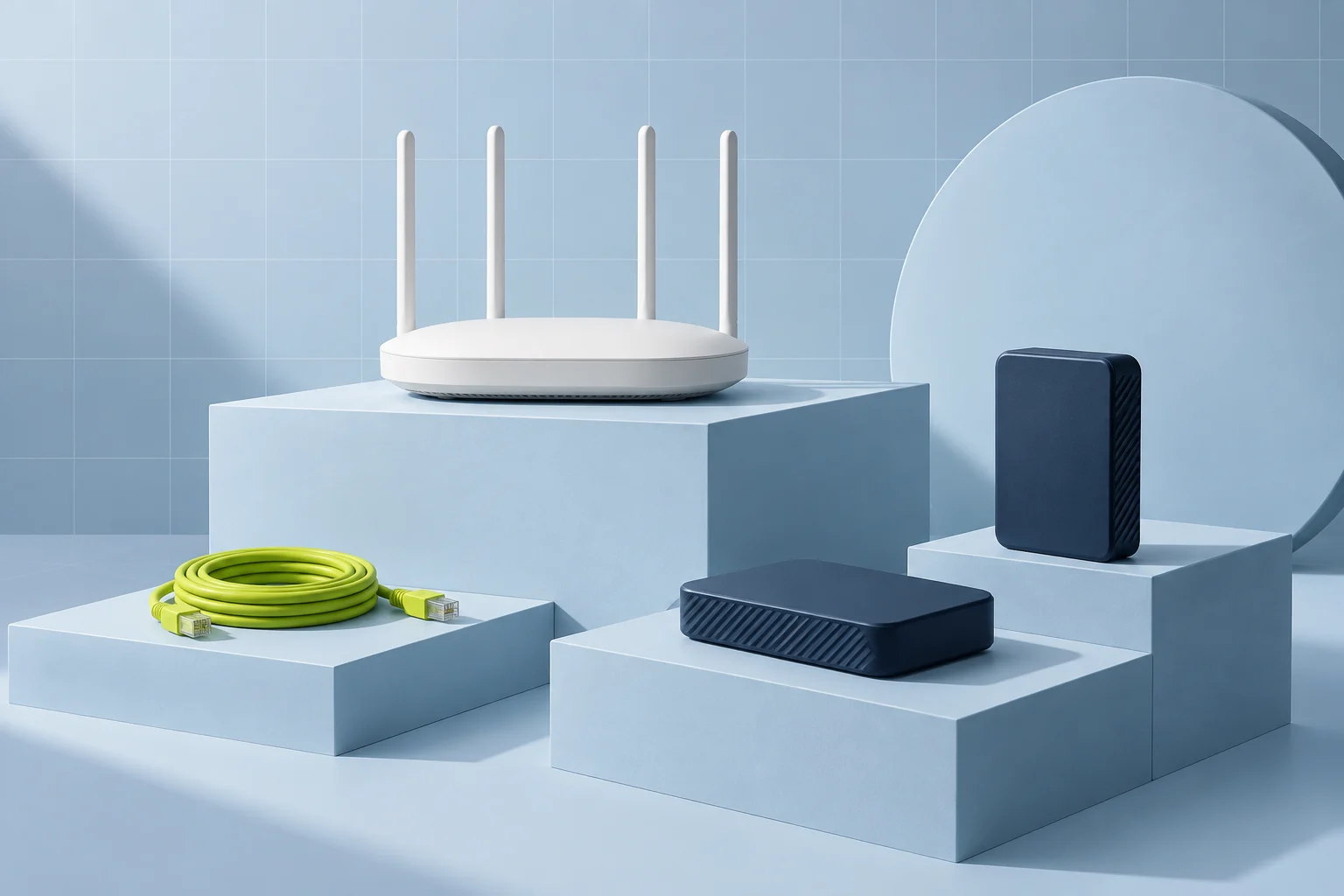 A router and portable drives arranged with a lime cable on pale blue platforms