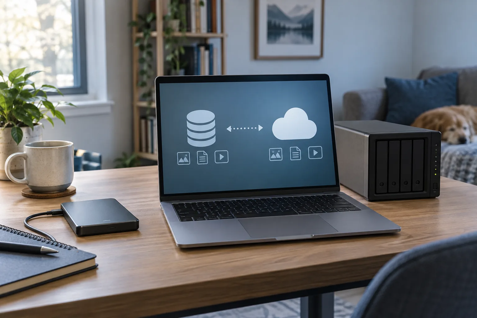A home desk with a plain laptop, compact external SSD and a small network storage enclosure arranged neatly, abstract generic icons on laptop screen with no readable text.