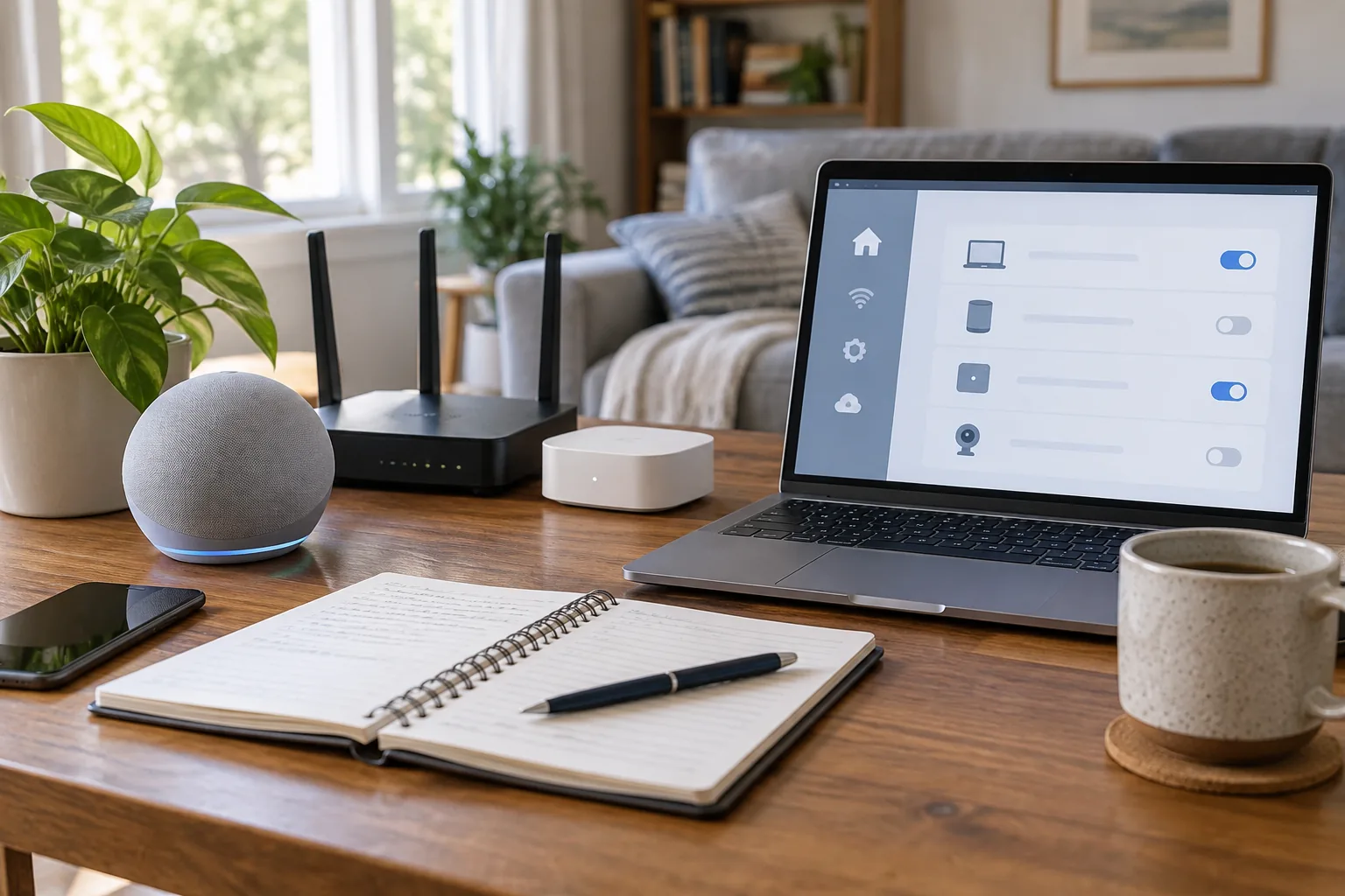 A small collection of unbranded home tech devices beside an open notebook and laptop showing a generic simple settings layout without legible text.
