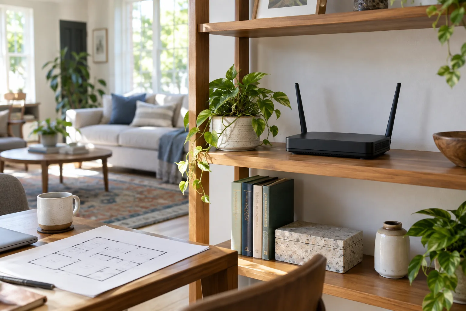 An unbranded Wi-Fi router placed openly on a mid-height wooden shelf in a bright home, away from walls and metal objects, with a floor-plan sketch on a nearby desk.