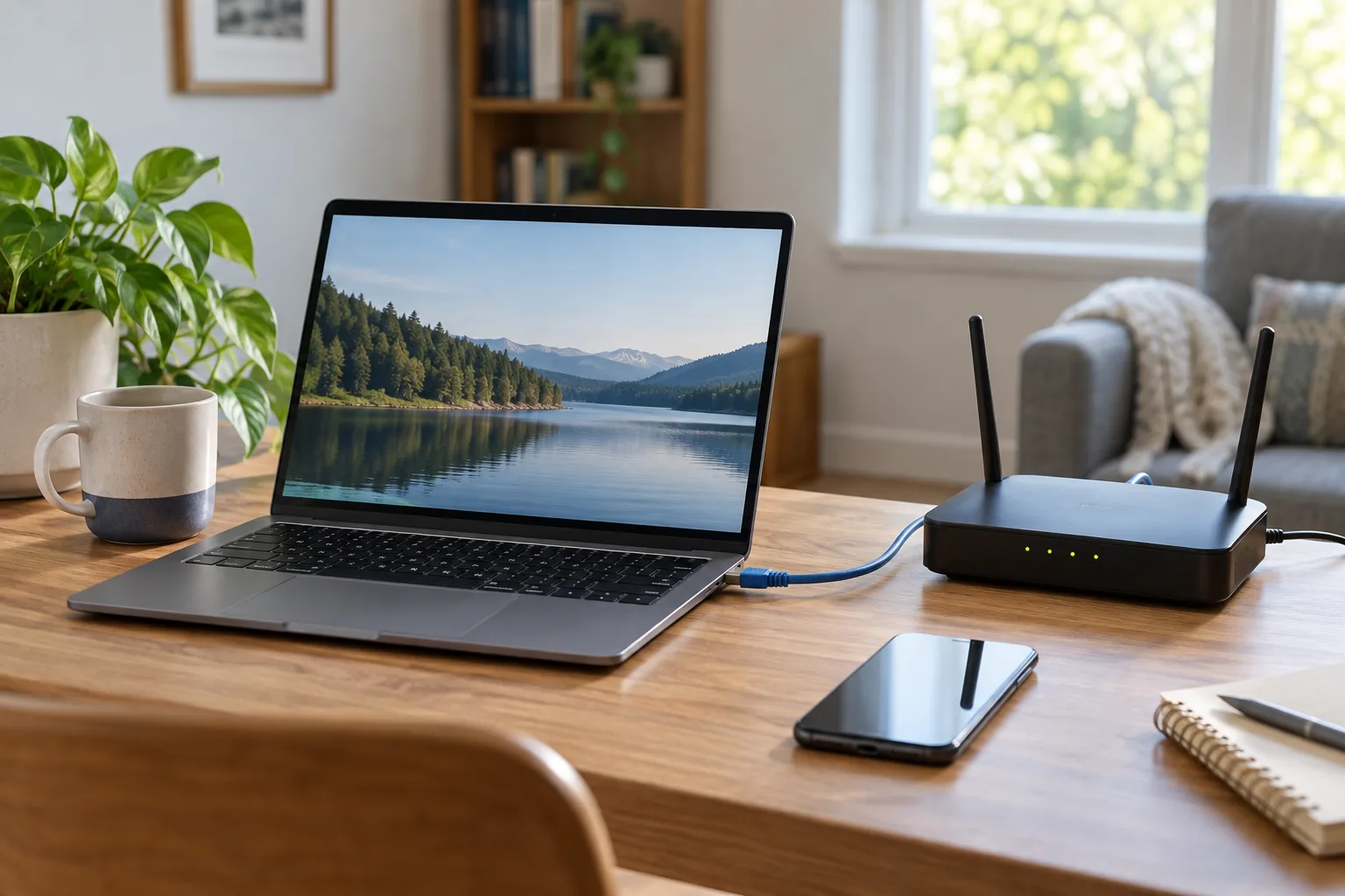 A laptop connected by Ethernet cable at a home desk, a plain Wi-Fi router and a phone nearby, suggesting comparing wired and wireless connections.