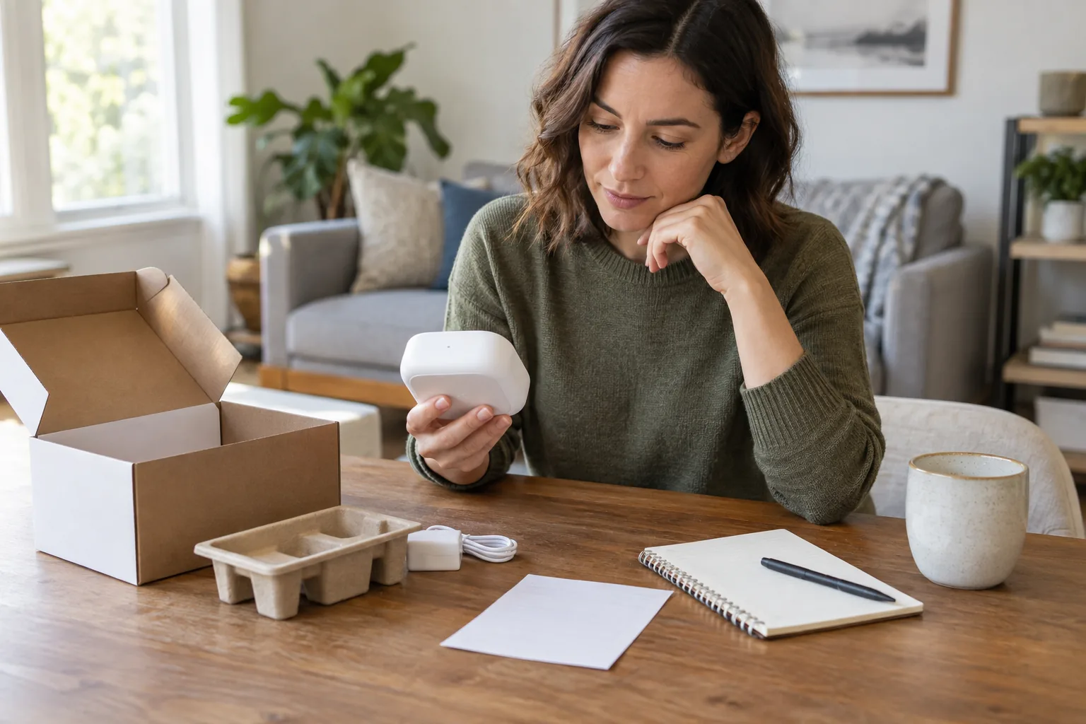 A new unbranded compact electronic device on a desk beside its open plain box, neatly retained packaging, a blank receipt and a notebook, representing evaluation during a return window..