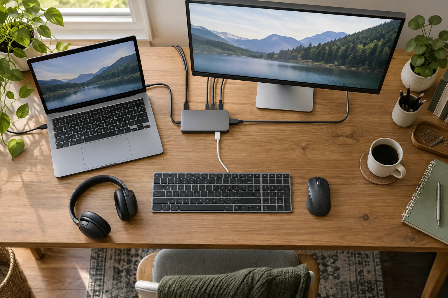 Overhead view of a realistic home desk connection setup: laptop, monitor, simple hub, keyboard, and clearly separated neatly routed cables.