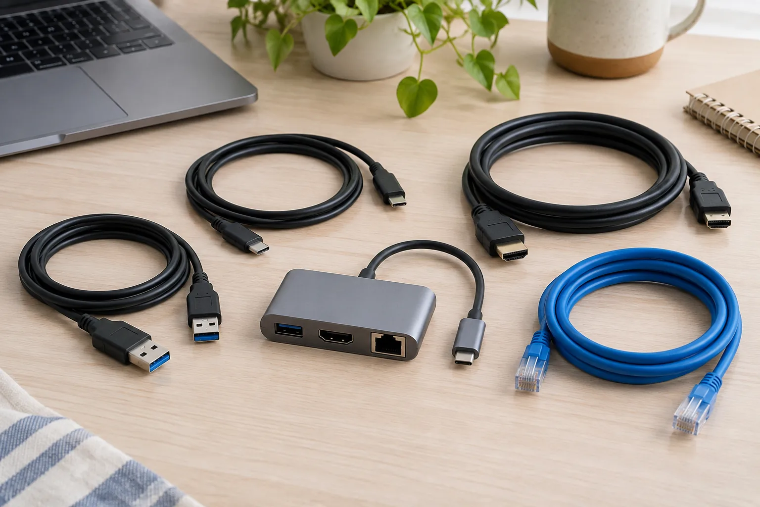 An organized flat lay of USB-C, USB-A, HDMI and Ethernet cables and a small generic adapter on a pale desk, each connector shape physically plausible and clearly separated.