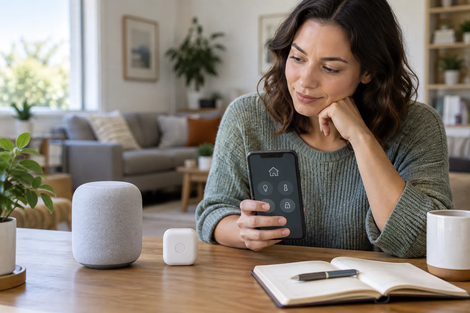 A generic smart speaker and plain compact home sensor beside a phone with an abstract simple controls screen and an open notebook, representing checking a device before choosing a subscription.