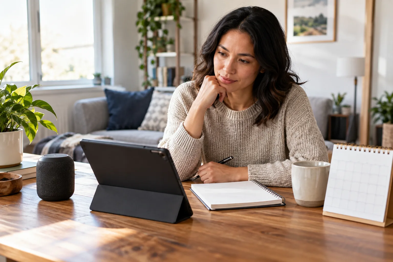 A compact unbranded tablet and wireless speaker on a home desk beside a blank calendar and notebook, thoughtful technology purchase and recurring-cost planning.