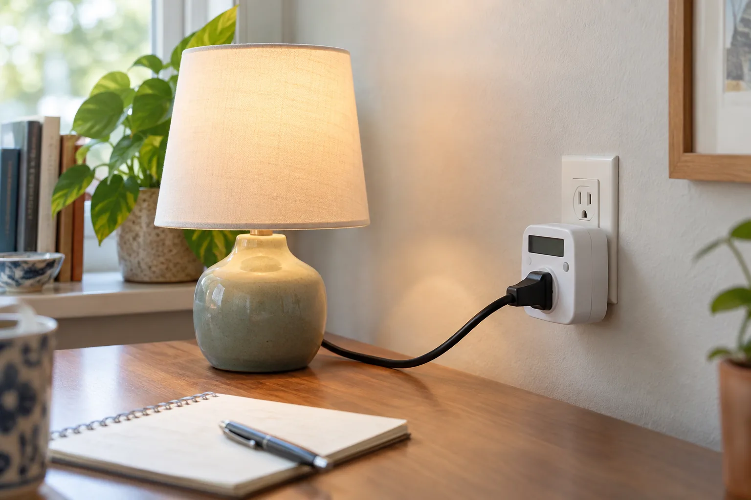 A safely plugged-in US-style plug-in electricity meter between a wall outlet and the cord of a small desk lamp, with notebook on the desk.